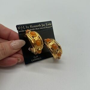 KJL Kenneth Jay Lane Gold Plated Faux Orange Glass Cabochon Hoop Clip Earrings